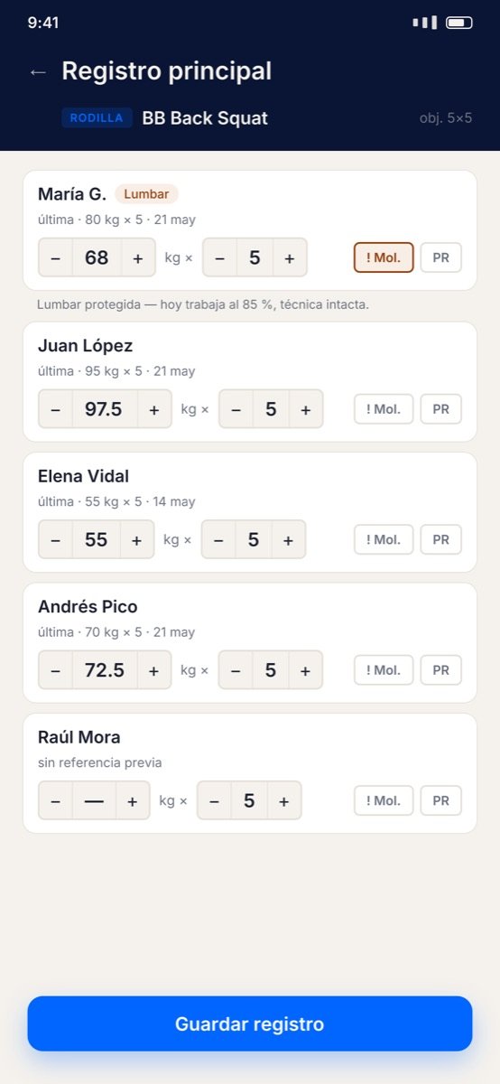 App de Orion: el coach ve el peso de hoy de cada socio ya adaptado, con la lumbar de María G. marcada como protegida
