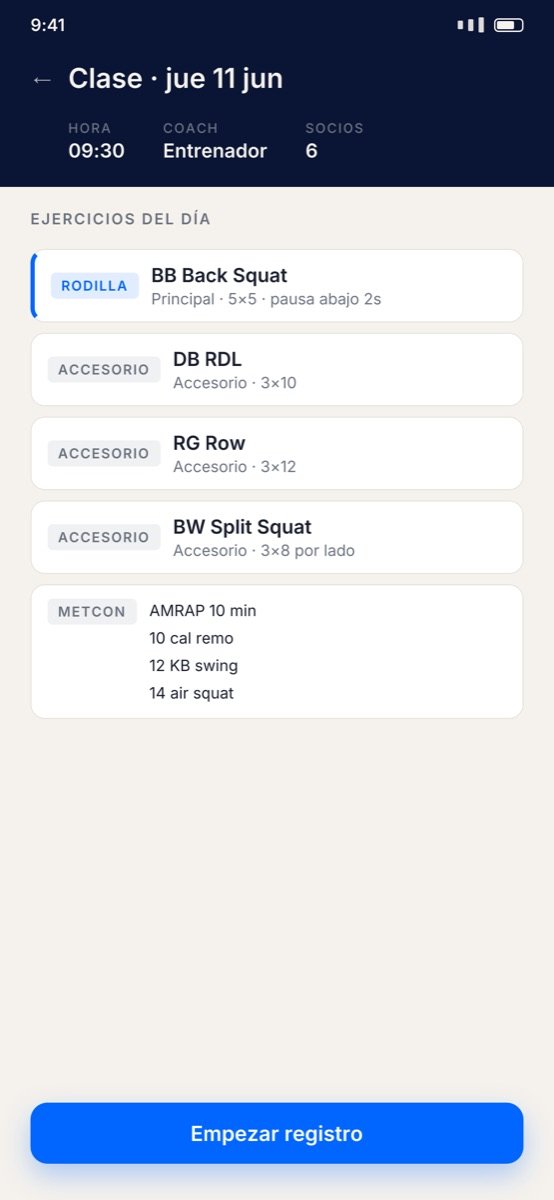 App de Orion: sesión completa del día con ejercicio principal, accesorios y metcon lista para la clase
